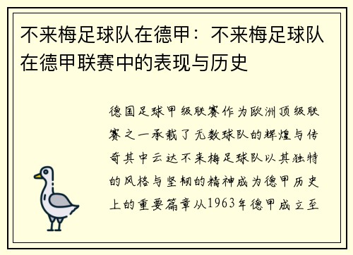 不来梅足球队在德甲：不来梅足球队在德甲联赛中的表现与历史